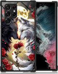 for Samsung Galaxy S23 Ultra Case, Black White Wolf Moon Flower Rose Pattern Graphic Design Girl Boy Soft Silicone Hard Acrylic Shock Protection for Samsung Galaxy S23 Ultra