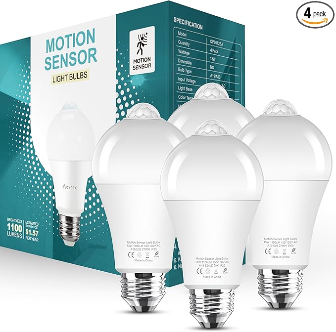Motion Sensor Light Bulbs Dusk to Dawn 13W 100W Equivalent 1100lm Movement Activated Security LED Light Bulb 2700K Warm White, Auto On Off for Porch Garage Basement Hallway Closet, 4 Pack