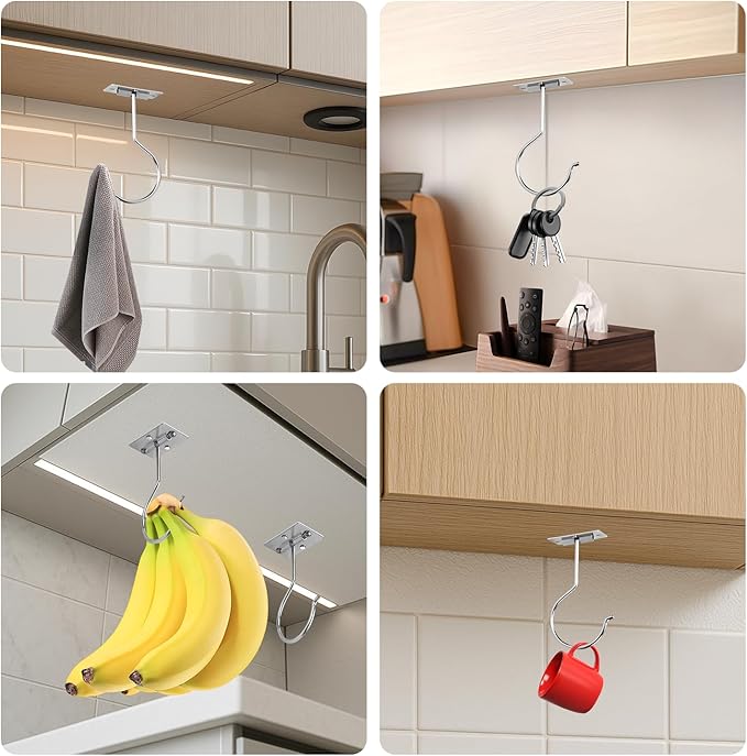Banana Hook Under Cabinet,Adhesive Bananas Hanger with Fordable Design,Durable Metal Banana Holder for Hanging Bananas,Kitchen Organization Or Multi-Purpose Home Us(Silver)