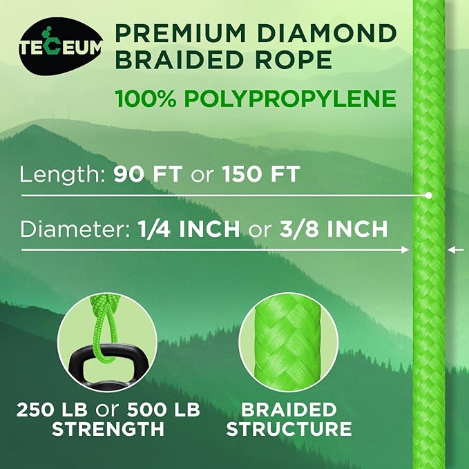 TECEUM Rope – 90 Feet x 1/4 Inch (7mm) – Neon Green – Strong All-Purpose Utility Rope – Camping, Crafting, Flag Pole, Indoor & Outdoor – Polypropylene Nylon Poly Lightweight Diamond Braided Cord