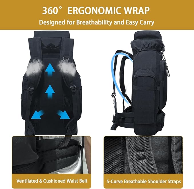 80L Camping Hiking Backpack, Large Military Tactical Backpack with USB Charging Port, Waterproof Travel Daypack With Carabiner Outdoor MOLLE Rucksack for Men Women (Black)