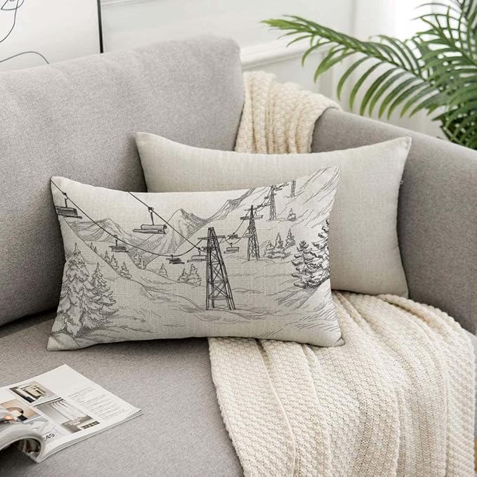 TKS MITLAN Mountain Ski Lift Pillow Cover 12x20 inch Sketch White Wintertime Snow Landscape Resort Rustic Linen Throw Pillow Covers 12x20 Inch for Sofa Couch Decoration