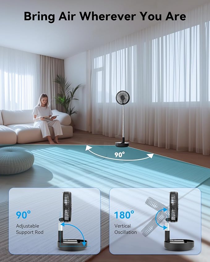 Portable Oscillating Travel Fan, 10400mAh Battery Operated Rechargeable USB Floor Table Desk Fan with Remote, 4 Speed Settings Pedestal Fan for Home Bedroom Office Camping Cruise, Black 8"