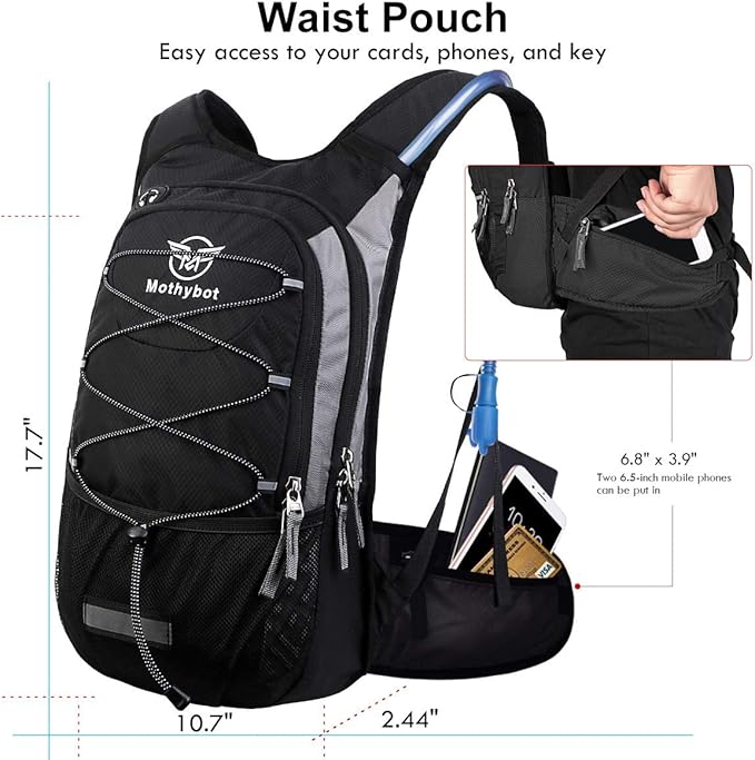 Mothybot Hydration Pack, Insulated Hydration Backpack with 2L BPA Free Water Bladder and Storage, Hiking Backpack for Men, Women, Kids for Running, Cycling, Camping - Keep Liquid Cool up to 5 Hours