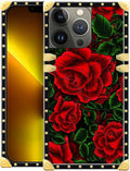 Compatible with iPhone 13 Pro Case, Vector Red Rose Green Leaf Luxury Golden Decoration for Girl Women Soft TPU Shockproof Protective Hard PC Back for iPhone 13 Pro