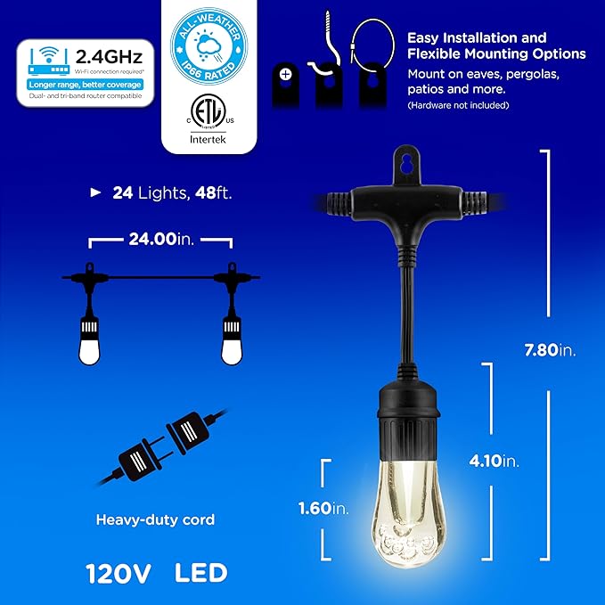 Enbrighten Vibe Vintage Outdoor String Lights Gen 2, 48ft, 24 RGBWIC Acrylic Bulbs, Weatherproof, Perfect for Gameday, Holidays, and More, Smart App Control, Compatible with Alexa, Google Home, 86128