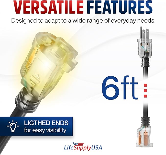 6ft Outdoor/Indoor Extension Cord 14/3 Gauge Heavy Duty 3 Prong SJTW, Waterproof, Flexible Cold-Resistant Long Power Cord,15A 125V 1875W, Black by LifeSupplyUSA