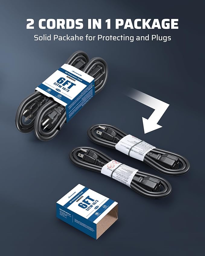 DEWENWILS 2 Pack 6FT Outdoor Extension Cord Waterproof, Short Extension Cord 16 AWG SJTW, NEMA 5-15P to 5-15R, 3 Prong Grounded Plug, for Indoor and Outdoor, ETL Listed, Black