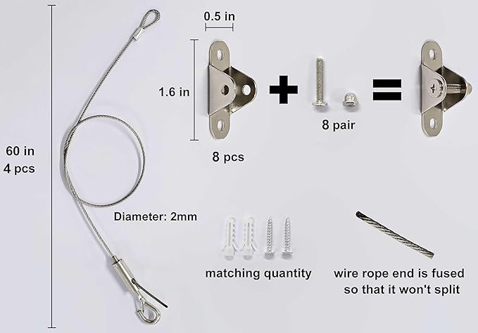 4 Sets Adjustable Hanging Wire Kit, Stainless Steel Multipurpose Suspension Wire Cable with Hook, Heavy Duty Anchor for Furniture, Light, Lamp, Picture, Mirror Secure to Wall or Ceiling, 60in