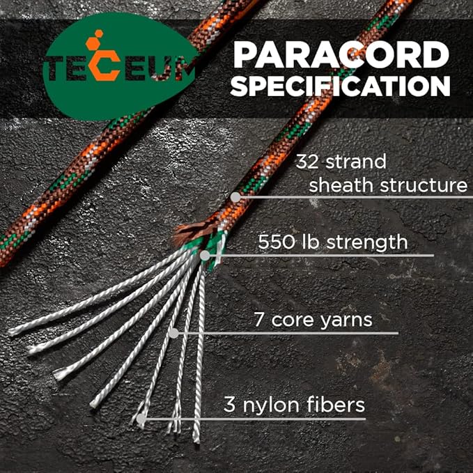 TECEUM Reflective Paracord Rope 1000 – 1000ft/200ft/100ft/50ft – 40+ Colors – Glow in The Dark – para Cord – Utility Rope for Survival, Hunting & Camping Gear – Nylon String, Camping Rope, Tent Cord