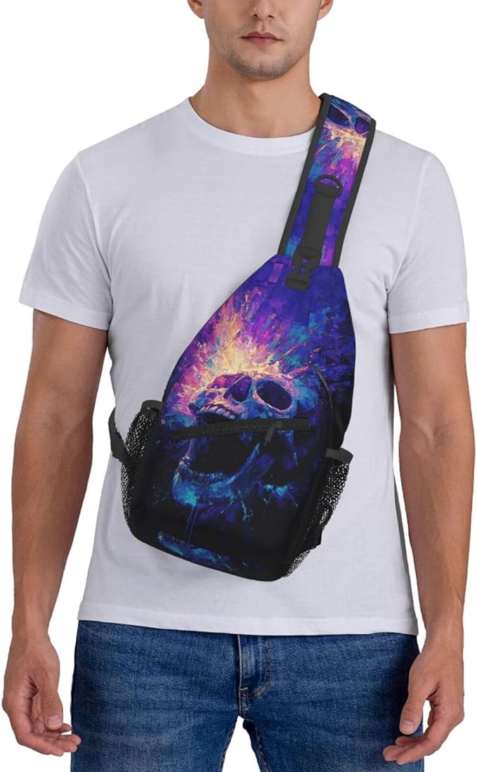Trippy Skull Sling Bag Crossbody Travel Hiking Chest Backpack Shoulder Daypack For Women Men