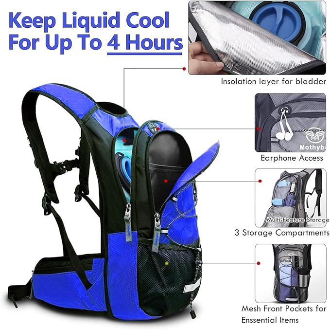 Mothybot Hydration Pack, Insulated Hydration Backpack with 2L BPA Free Water Bladder and Storage, Hiking Backpack for Men, Women, Kids for Running, Cycling, Camping - Keep Liquid Cool up to 5 Hours