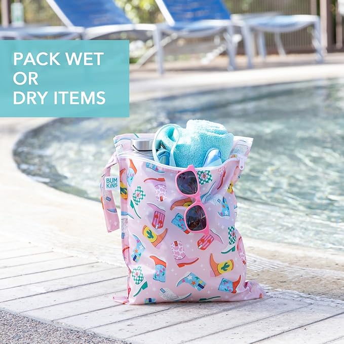 Bumkins Waterproof Wet Bag for Baby, Travel, Swim Suit, Cloth Diapers, Pump Parts, Pool, Beach, Gym Clothes, Toiletry, Hook to Stroller, Daycare, Zipper Reusable Wetdry Packing Pouch, Cowgirl Boots