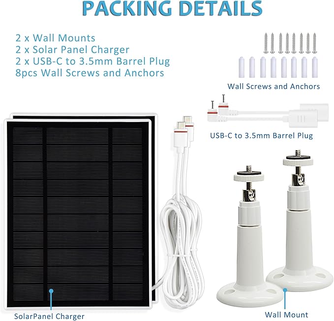 Solar Panel Charger Compatible with Ring Stick Up Cam/Pro,Ring Spotlight Cam Plus/Pro,with USB-C to Barrel Plug Adapter (2PACK)