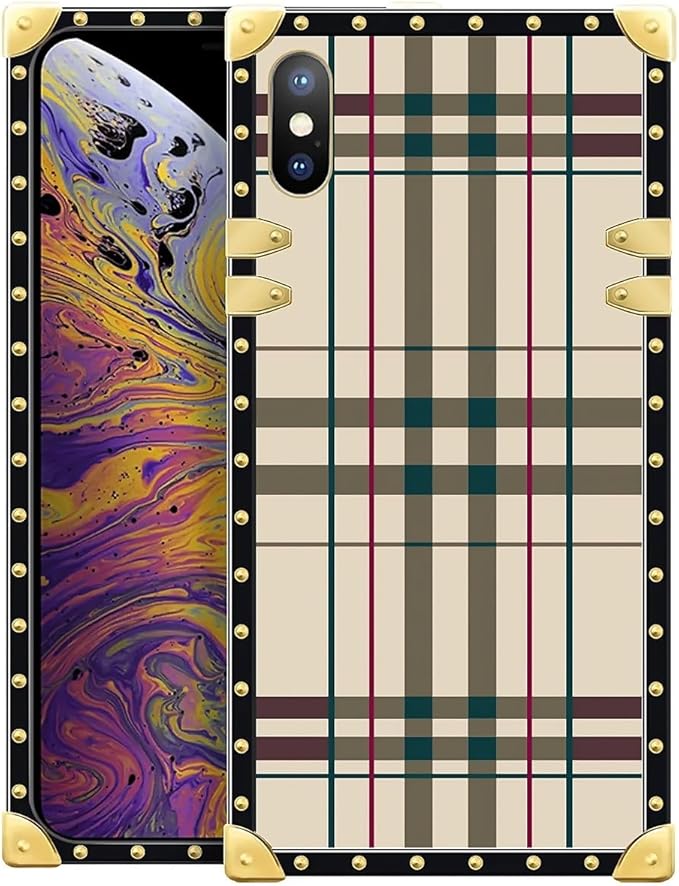 Compatible with iPhone Xs Max Case, Black Red Beige Stripes Luxury Golden Decoration for Girl Women Soft TPU Shockproof Protective Hard PC Back for iPhone Xs Max