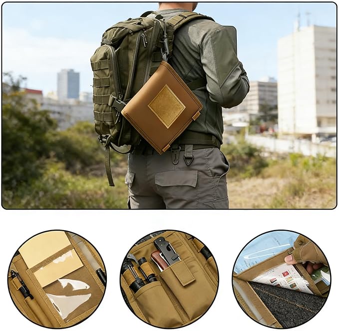 Waterproof Map Case for Land Navigation Kit - Khaki Tactical Military Pouch, Oxford+TPU, Foldable with Clear Window for Outdoor Activities,