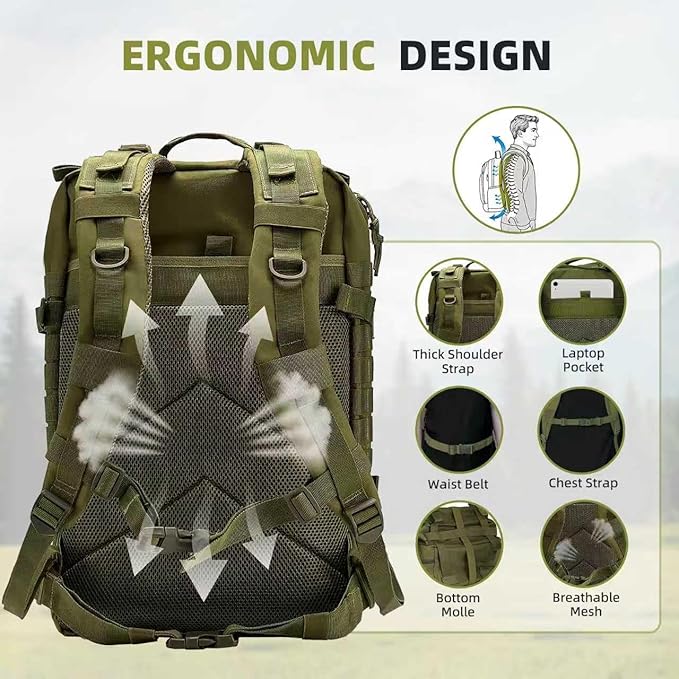 aiGear 45L Tactical Backpack for Men, All-Weather Military Assault Rucksack,3-Day Combat Pack with Molle System (45L Green)