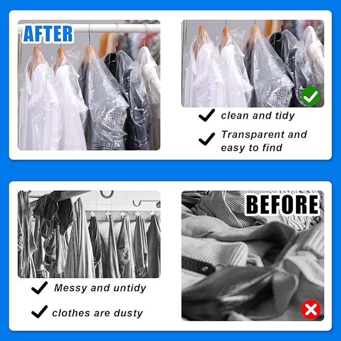 100 Pack Clear Plastic Dry Cleaning Bags 23.6x47.2 Inch Garment Bags Dust-Proof Hanging Clothes Cover Protector Bag for Dress Jacket Suits Coats Uniforms Shirt Laundrette