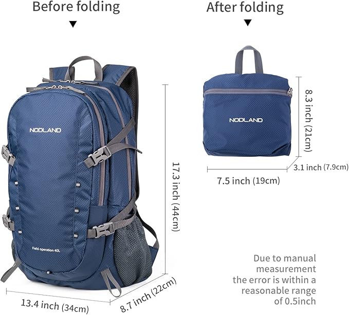 NODLAND Lightweight Backpack Travel 40L Foldable Water-Resistant Daypack, Hiking Outdoor Camping Rucksack for Men Women