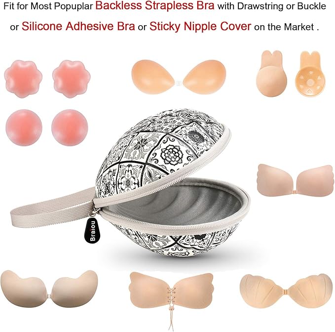 Hard Travel Case for Silicone Bras [A-C Cup] Premium Nubra Organizer Portable Lingerie Underwear Storage Bag (Black Plaid)