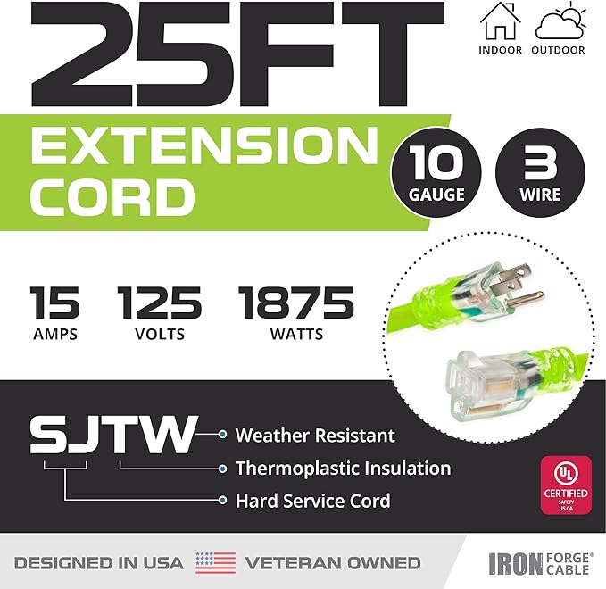 Iron Forge Cable 10 Gauge Extension Cord 25 ft, 10/3 Heavy Duty Extension Cord 25 Foot 3 Prong Lighted End, SJTW Weatherproof Light Green Outdoor Power Cable for Major Appliances - US Veteran Owned
