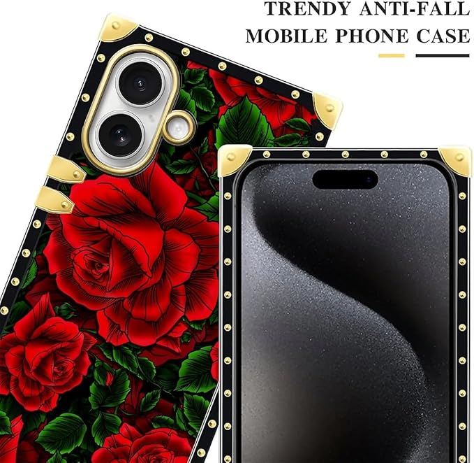 for iPhone 17 Case Luxury Golden Decoration for Girl Women Soft TPU Shockproof Protective Hard PC Back for iPhone 17 Crazy Pattern Vector Red Rose Green Leaf