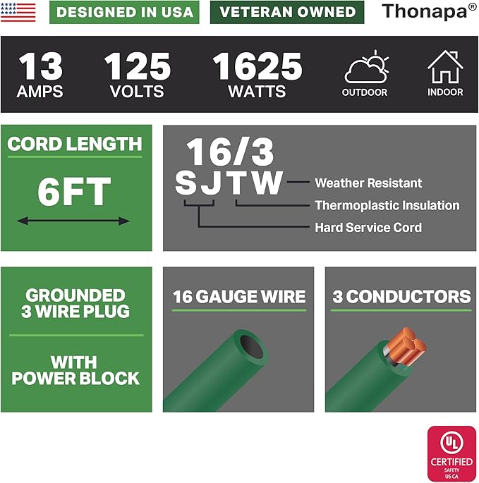 Thonapa Weatherproof Green Extension Cord 6 ft 3 Outlets, 16/3 SJTW Outdoor Extension Cord with Multiple Outlets 6 Foot, 13 AMP Exterior Electric Cable 3 Way Plug for for Outdoor Lights, Landscaping