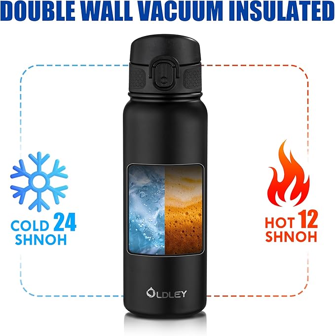OLDLEY 20 Oz Insulated Stainless Steel Water Bottle For Kids, With Straws Leak-proof, Kids Water Bottles For School Boys Girls, Black