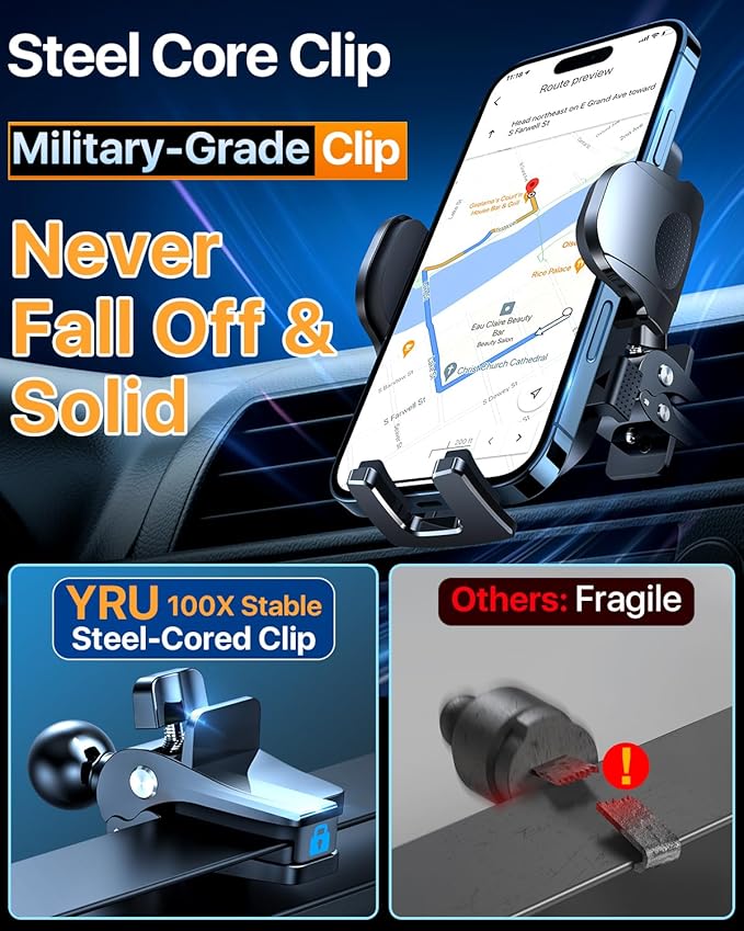 YRU [True Upgrade for Safety] Car Phone Holder Mount [Patent & Military-Grade] Dashboard Cell Phone Holder for Car Vent Windshield Phone Stand for iPhone 17 16 15 14 13 Pro Max Truck Samsung, Purple