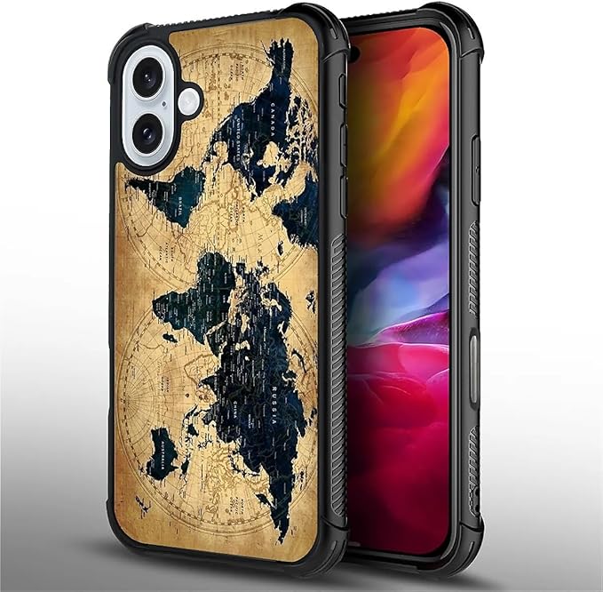 for iPhone 16 Plus Case, Brown World Map Pattern Graphic Design Girl Boy Soft Silicone Hard Acrylic Shock Protection for iPhone 16 Plus