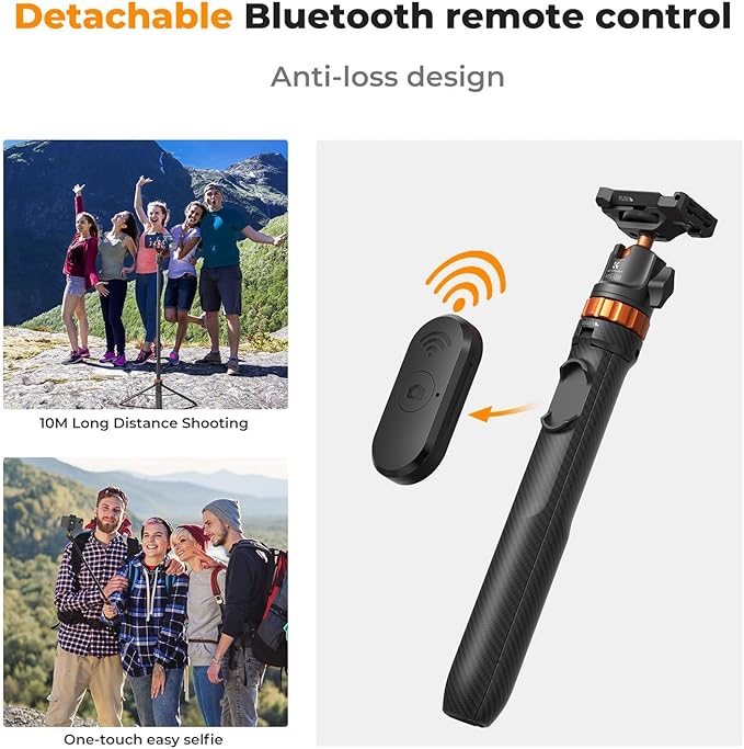 K&F CONCEPT 62'' Phone Selfie Stick Tripod, 2-in-1 Extendable Cell Phone Tripod Stand with Remote, 360° Ball Head Camera Tripod Compatible with DJI Osmo Pocket 4/3 Action 6/5Pro GoPro 13/12 iPhone.