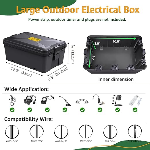 NineLeaf Large Outdoor Electrical Box (12.5 x 8.5 x 5 inch), IP54 Waterproof Extension Cord Cover,Weatherproof Connection Box for Power Strip, Plug, Socket, Timer, Holiday Light Decoration, Black