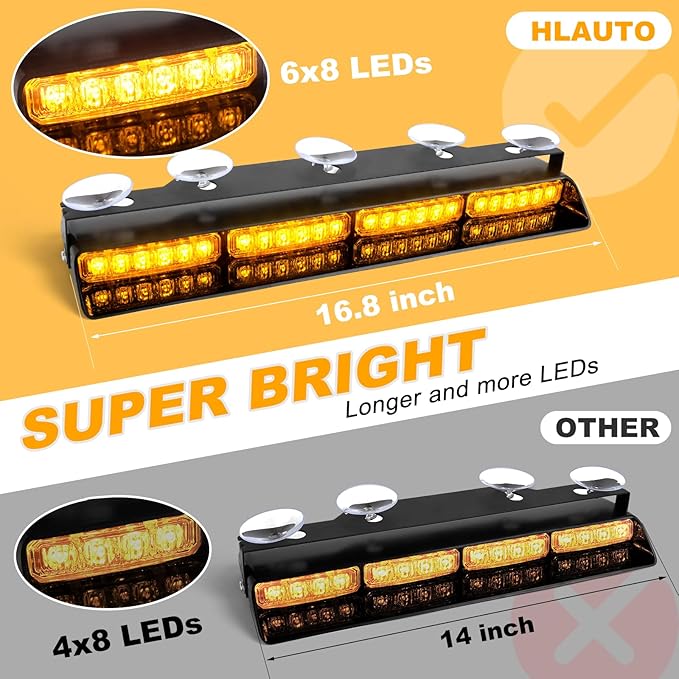 HLauto 6Z4J Emergency Dash Strobe Lights: 2x16.8 inch Amber Safety Lights, 48 LED Flashing Warning Hazard Interior Windshield Visor Traffic Light Bar for Trucks, Construction Vehicles
