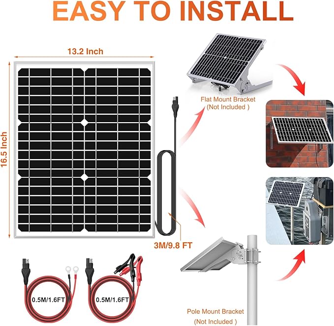 SUNER POWER 24V 20W Solar Battery Charger Maintainer, Built-in Ultra Smart MPPT Charge Controller, Waterproof 20 Watt Solar Panel Trickle Charging Kit for 24Volt AGM, Lead-Acid, Lifepo4 Battery