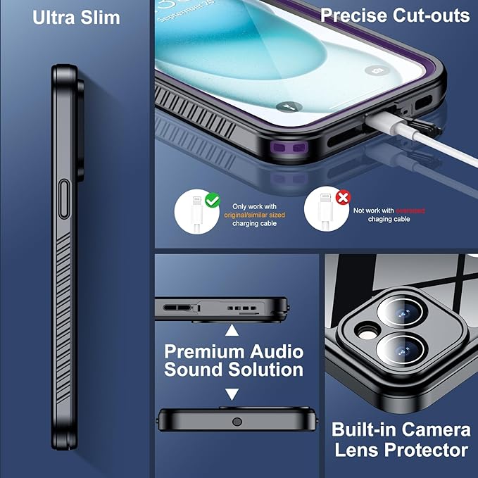 SPIDERCASE for iPhone 15 Case Waterproof, Built-in Lens & Screen Protector, Full Heavy Duty Protection, 12FT Military Shockproof, Dustproof Phone Case,Purple