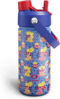 Kids Insualated Water Bottle with Straw,18oz Stainless Steel Water Bottle with Dual Spouts, Leak-Proof,BPA-Free,Double Wall Vacuum Keeps Cold for 24 Hours for Sports,Travel,School (Blue Hippo Parade)