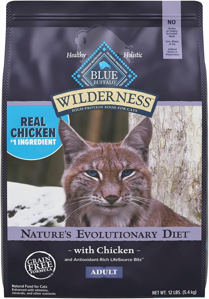 Blue Buffalo Wilderness Natural Adult Dry Cat Food, High-Protein and Grain-Free Diet, Supports Healthy Muscle Development and a Healthy Immune System, Chicken, 12-lb. Bag