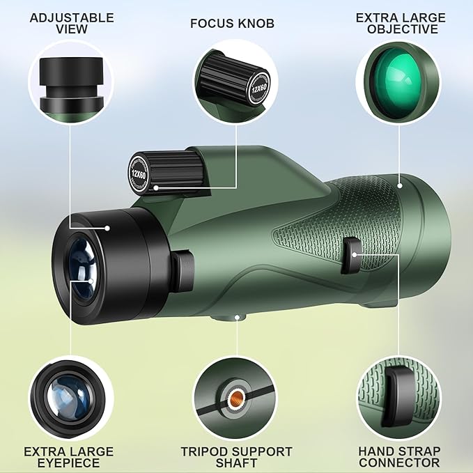Pankoo 12x60 HD Monocular Telescope for Adults high Powered | Comes with Smartphone Adapter Tripod Hand Strap | Suitable for Bird Watching Sports Hiking Traveling