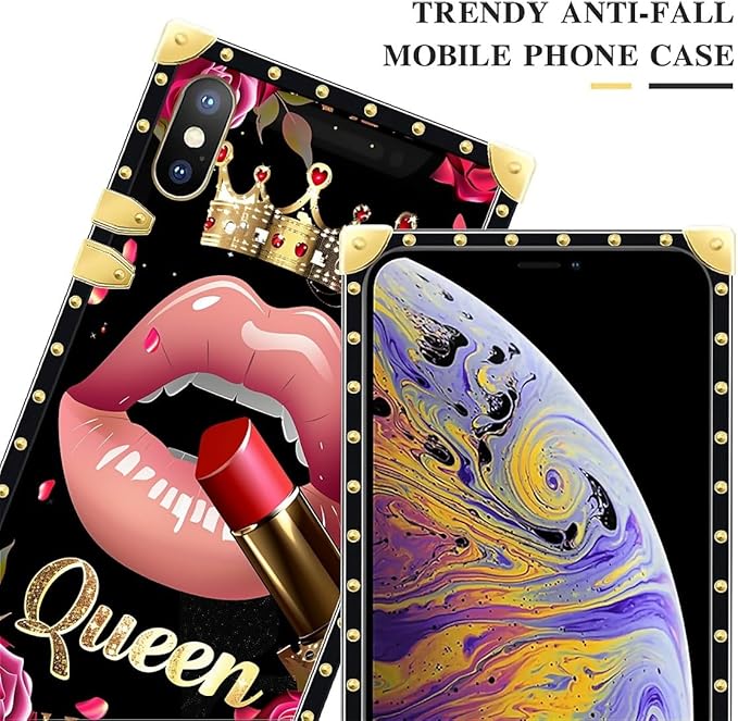 Compatible with iPhone XR Case, Glitter Red Rose Queen Leopard Lipstick Luxury Golden Decoration for Girl Women Soft TPU Shockproof Protective Hard PC Back for iPhone XR