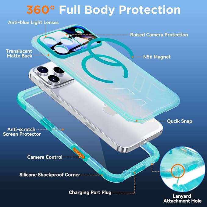 WIFORT for iPhone 17 Pro Waterproof Case, [Fit for Magsafe] with Sapphire Lens & Screen Protector, IP68 Full Body 15FT Military Shockproof, Magnetic Frosted Phone Cover with Lanyard, 6.3" Teal