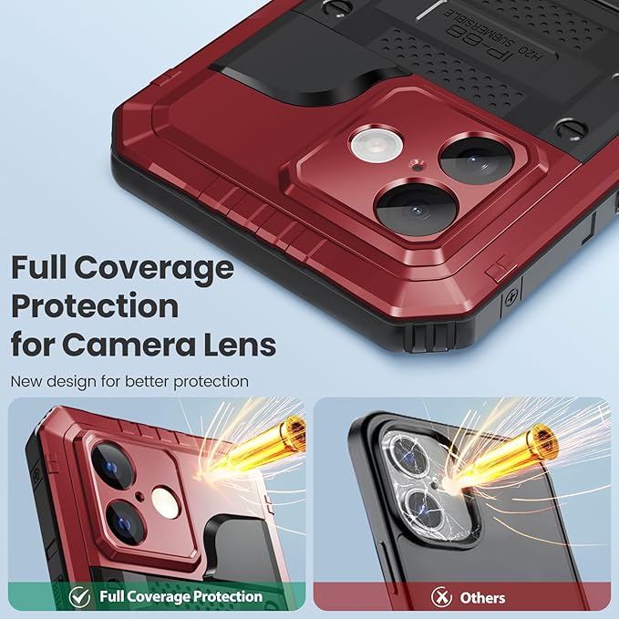 Mitywah Waterproof Case for iPhone 17, Rugged Metal Case with Built-in Screen Protector, Heavy Duty Full Body Shockproof Protective Cover 6.3 inch, Red