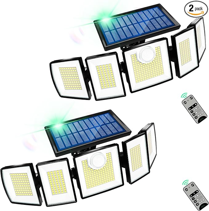 MDCMDCM Outdoor Solar Light Motion Sensor Waterproof - 3000 Lumens 3 Modes 416 LEDs 32ft 2400mAh 5 Heads Security Lights Flood Lights with Remote for Patio Yard Pool Outside （Wireless, 2p）