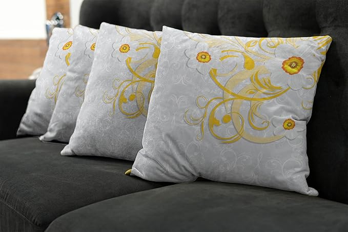 Ambesonne Daffodil Throw Pillow Cushion Case Pack of 4, Daffodils on Ornate Background Floral Repeating Swirling Curves Spring Pattern, Modern Accent Double-Sided Digital Printing, 18", Grey Yellow
