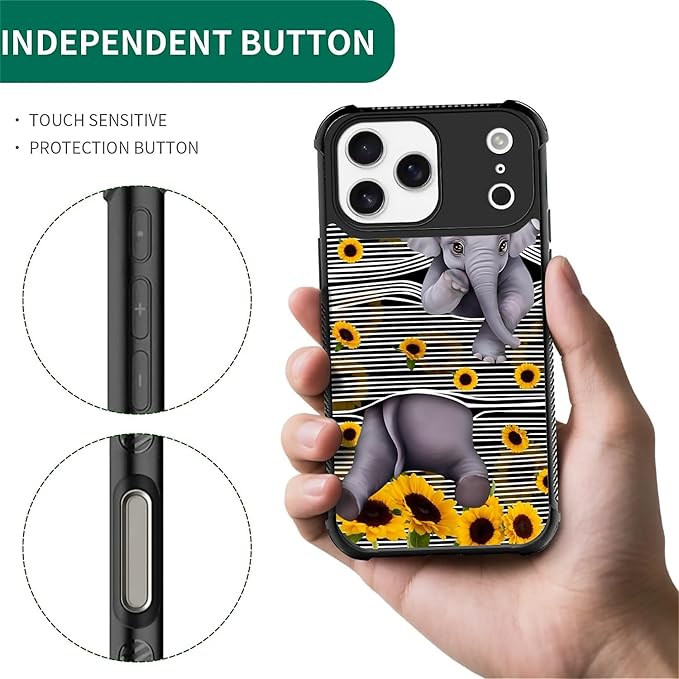 for iPhone 17 Pro Max Case,for MagSafe Graphic Design for Girl Boy Soft Silicone Hard Acrylic Shock Protection for iPhone 17 Pro Max Cute Little Elephant Sunflower White Line Art Pattern