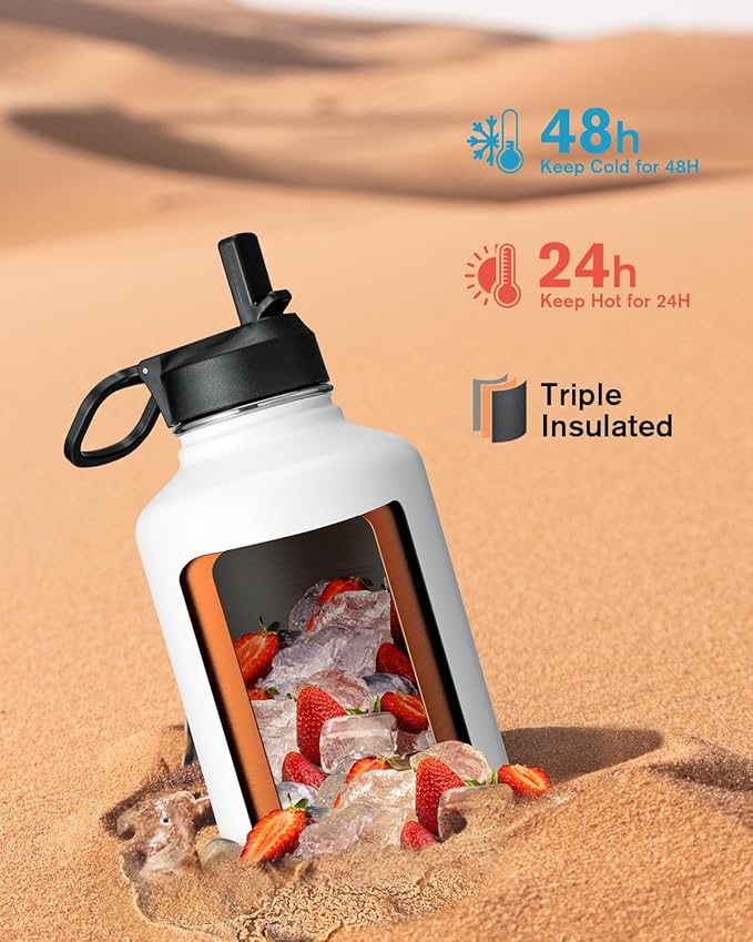 Coolflask Half Gallon Water Bottle Insulated with Straw & 3 Lids, 64 oz Water Jug Large Metal Stainless Steel Wide Mouth for Sports, Gym or Office, Non-BPA Keep Cold 48H Hot 24H, White