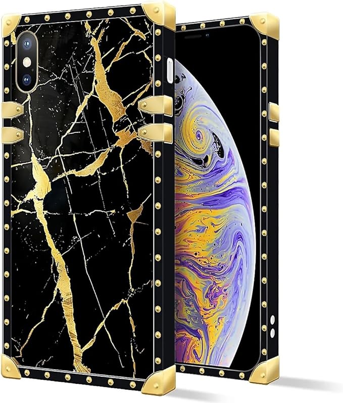 Compatible with iPhone XR Case, Black Gold Marble Nature Luxury Golden Decoration for Girl Women Soft TPU Shockproof Protective Hard PC Back for iPhone XR