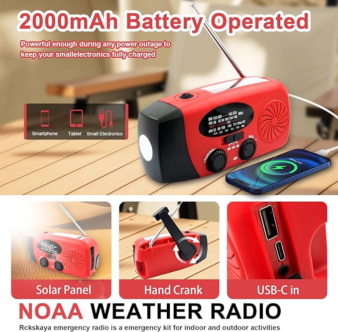 Emergency Hand Crank Radio, 2000mAh/7400mWh NOAA Weather Radio Battery Operated, Solar Radio Flashlight Cell Phone Charger, LED Reading Lamp, SOS Alarm for Home, Outdoor Emergencies
