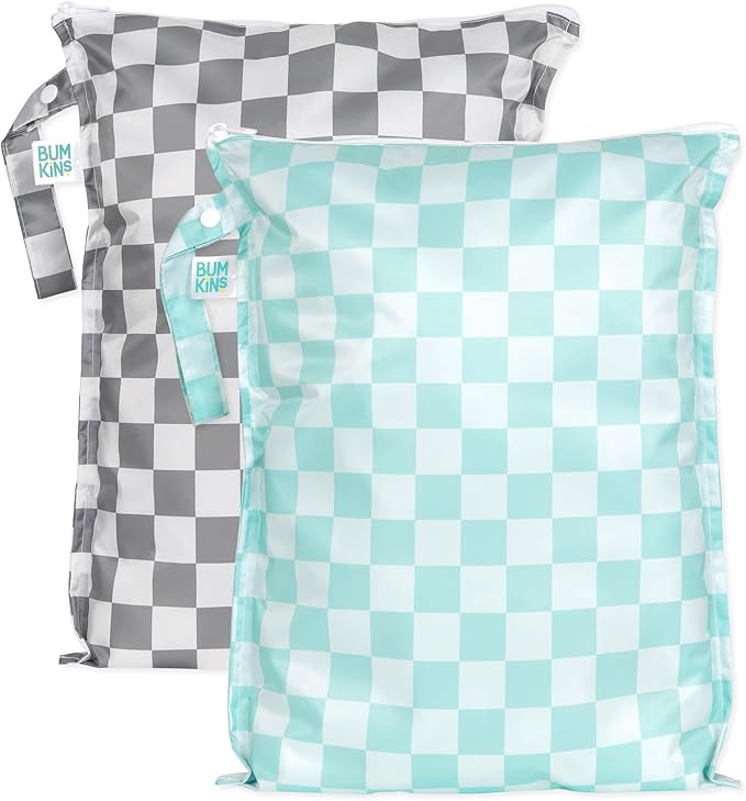 Bumkins - Larger Waterproof Wet Bag - For Baby, Travel, Swim Suit, Cloth Diapers, Pump Parts, Pool, Gym, Toiletry, Strap to Stroller - Reusable & Easy to Clean - 2pk - Gray & Mint Check