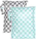 Bumkins - Larger Waterproof Wet Bag - For Baby, Travel, Swim Suit, Cloth Diapers, Pump Parts, Pool, Gym, Toiletry, Strap to Stroller - Reusable & Easy to Clean - 2pk - Gray & Mint Check
