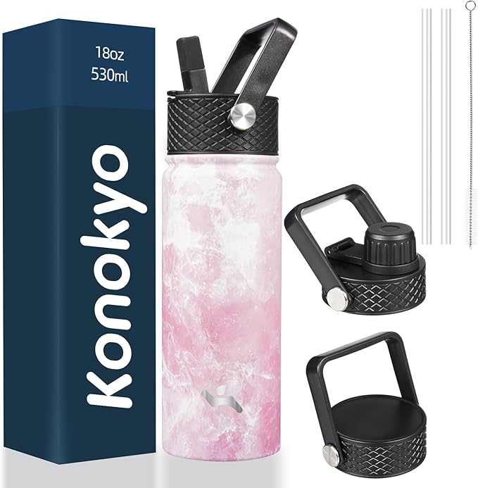Konokyo 18 oz Insulated Water Bottle Stainless Steel Sport Bottles with 3 Lids,Marble Blossom